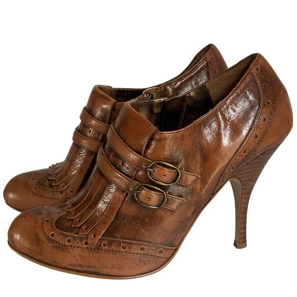 Enzo Angiolini Shoes - Vintage Enzo Angiolini Brown Leather Fringe Heels Double Buckle Pumps Size 7M